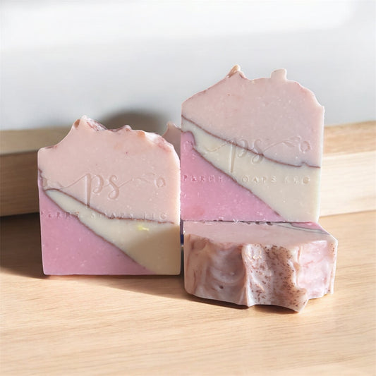 pink and white square soap bar with vertical lines