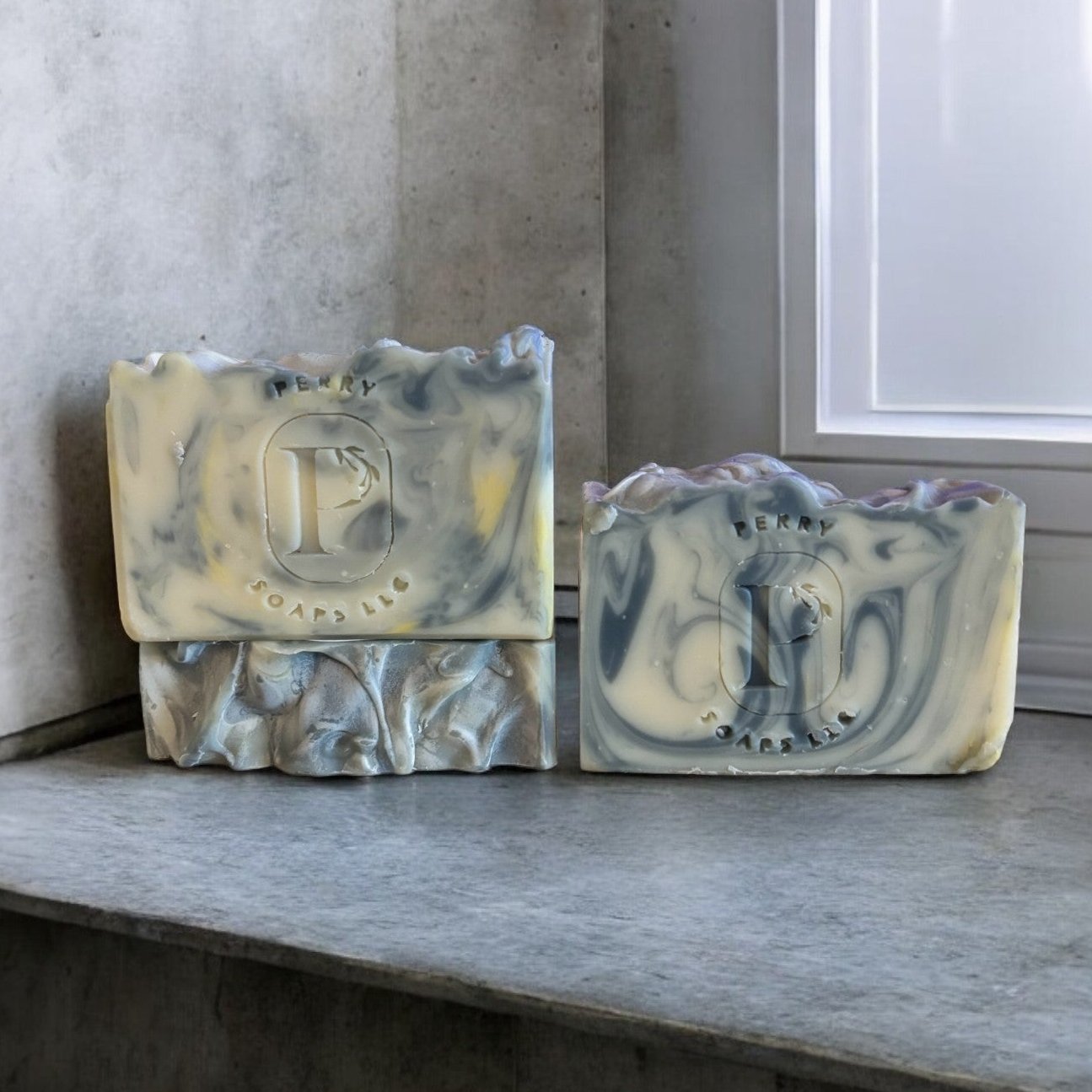 light colored soap with gray swirls